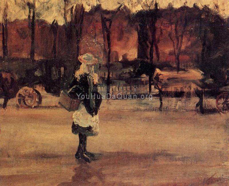 一个女孩在街上，背景有两个车厢 - 文森特·威廉·梵高